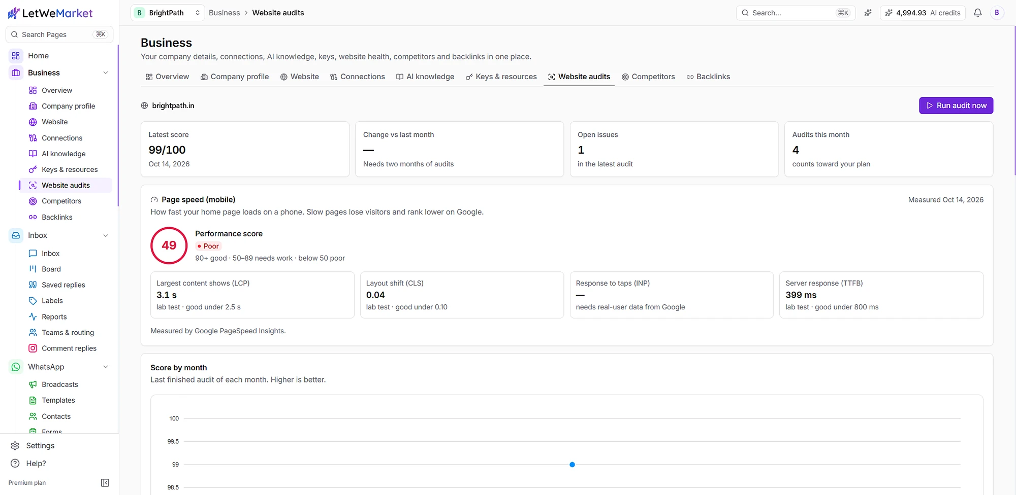 Website audits with score and phone speed
