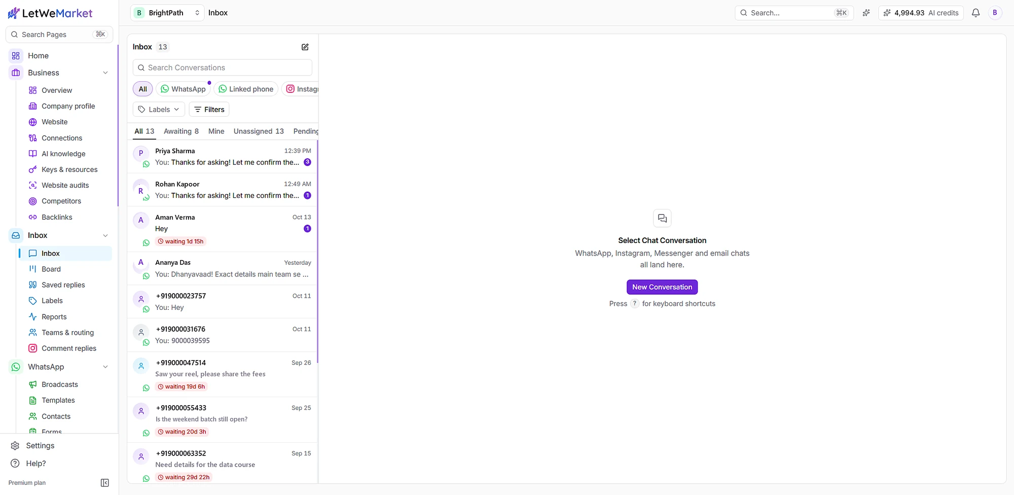 The LetWeMarket inbox with channel filters and waiting timers