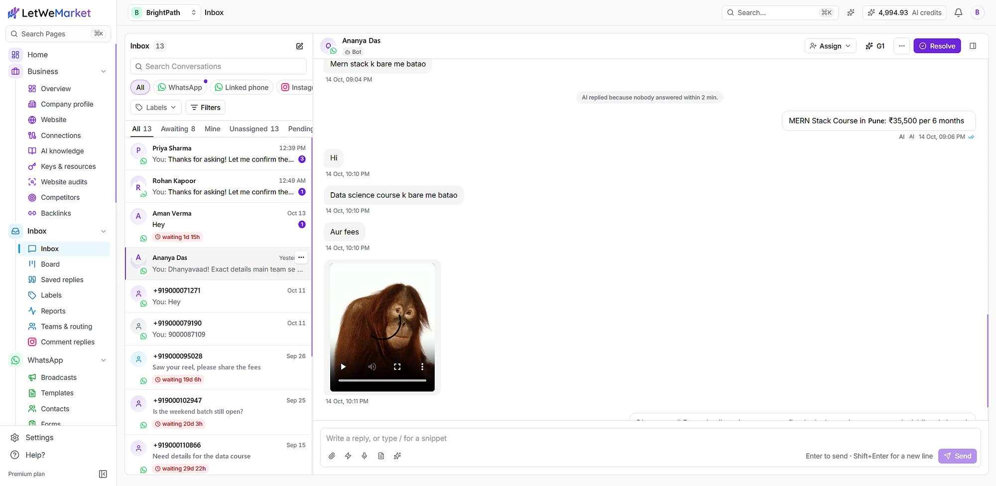 A WhatsApp chat where the AI replied because nobody answered within 2 minutes
