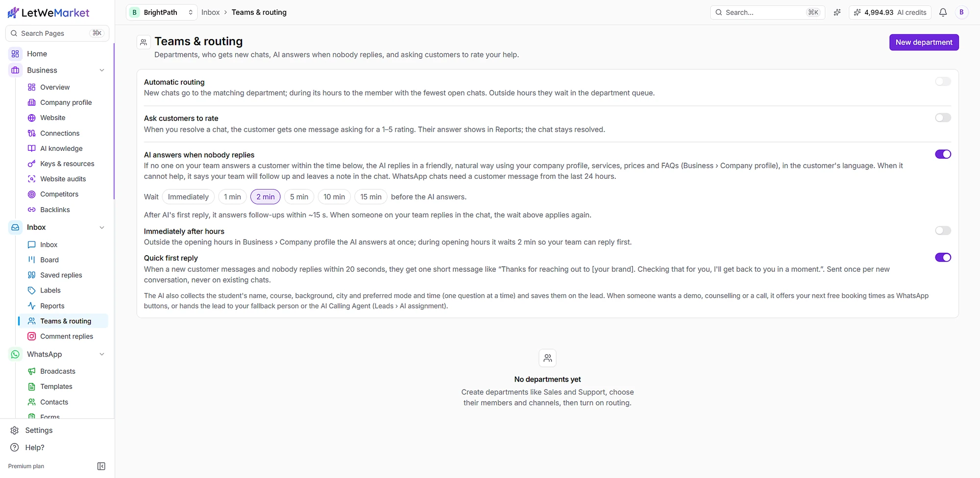Settings for when the AI answers and the quick first reply