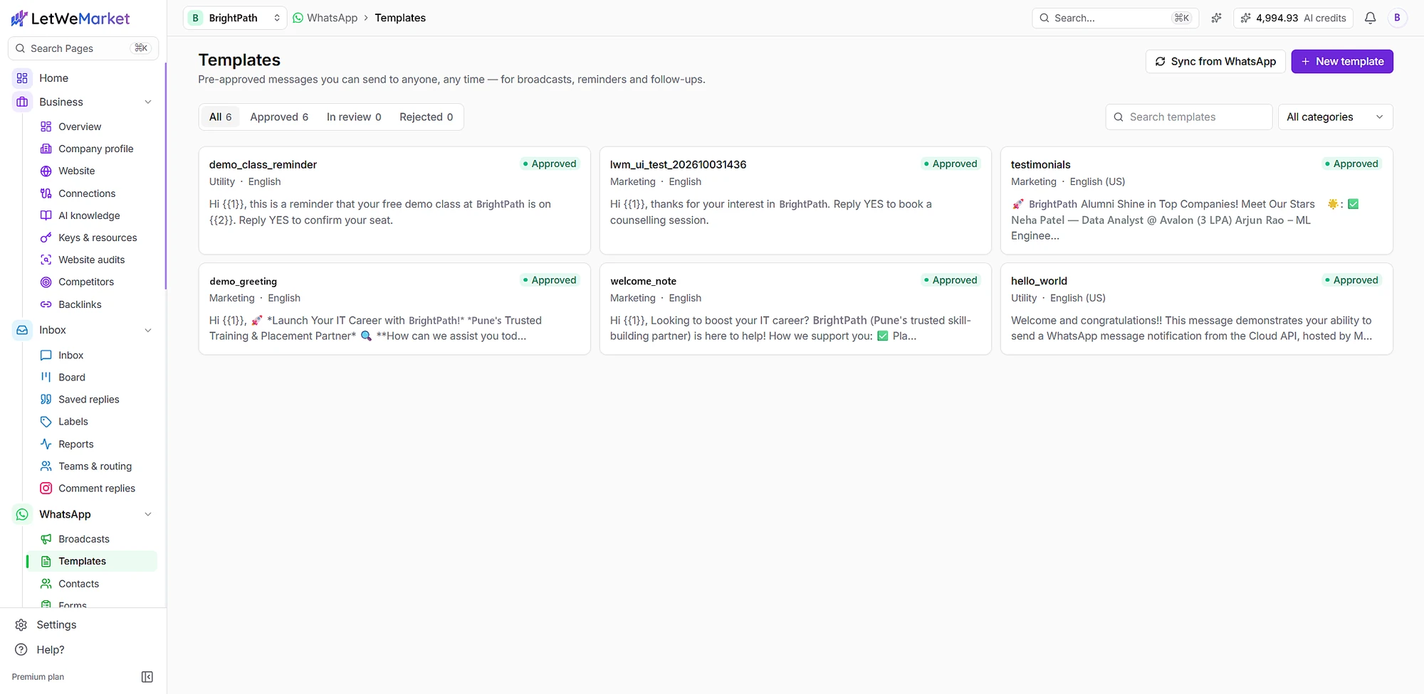 WhatsApp templates with approval status