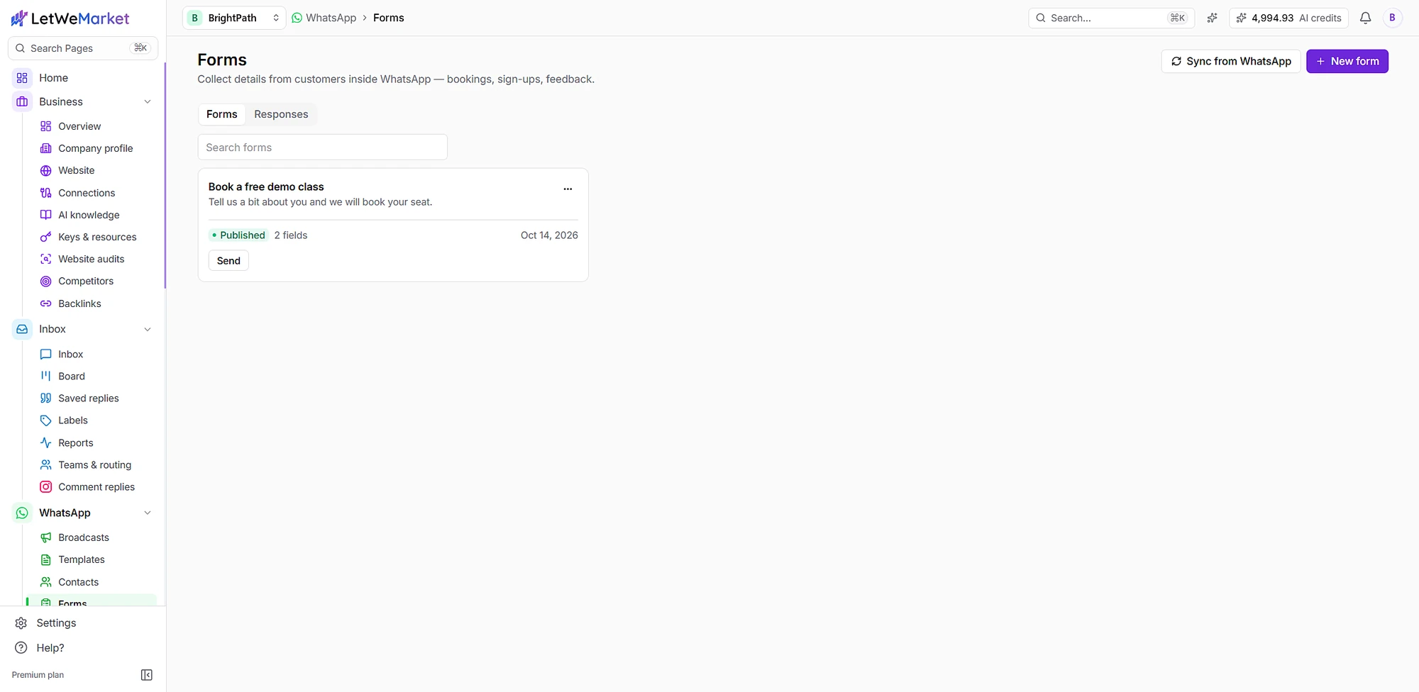 A published WhatsApp form to book a free demo class