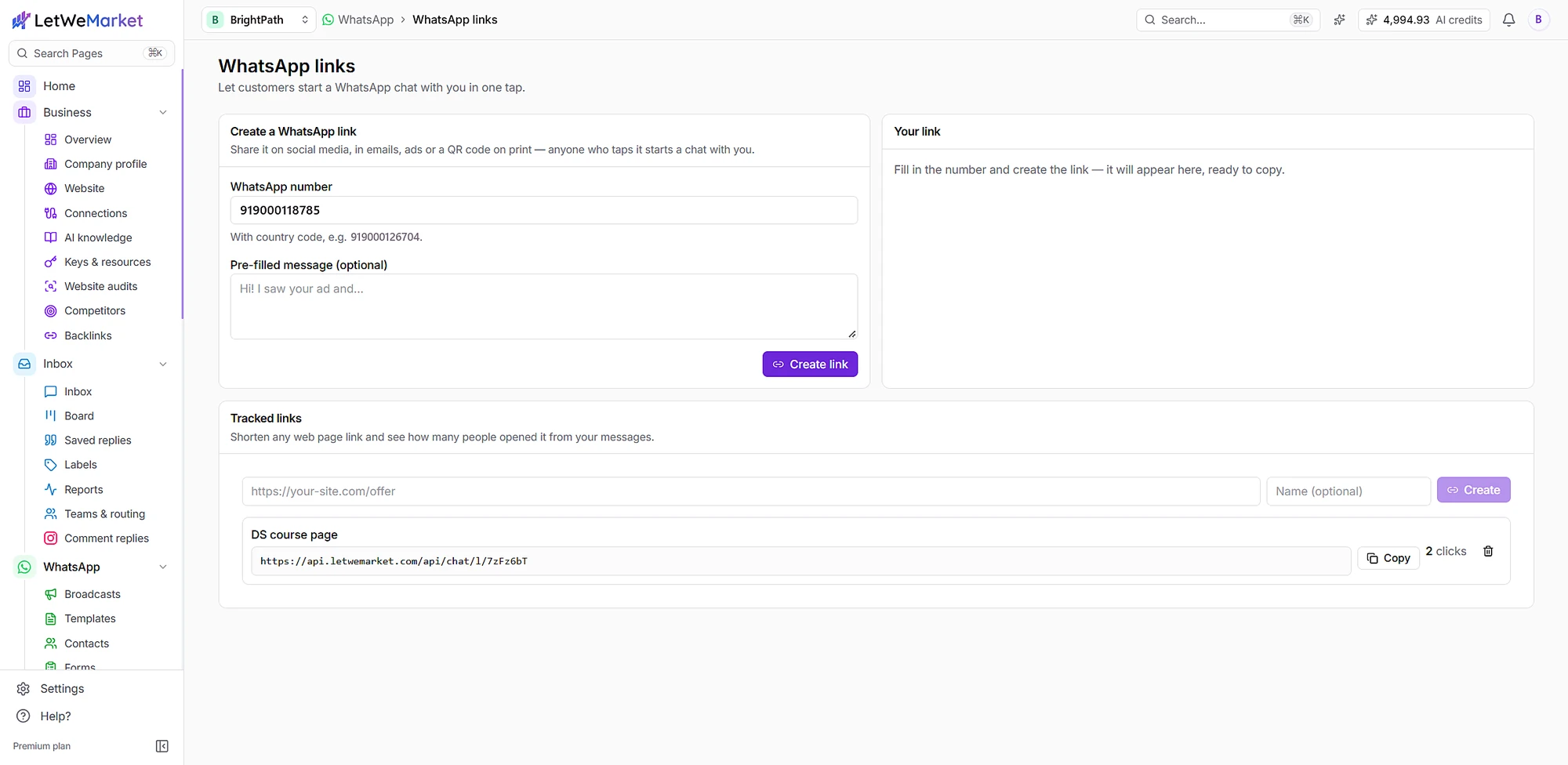 WhatsApp link builder and tracked links