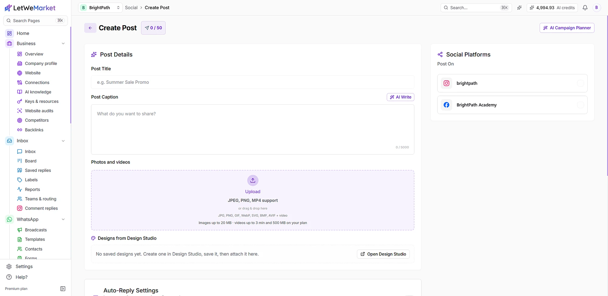 Create Post with AI Write and platform picker