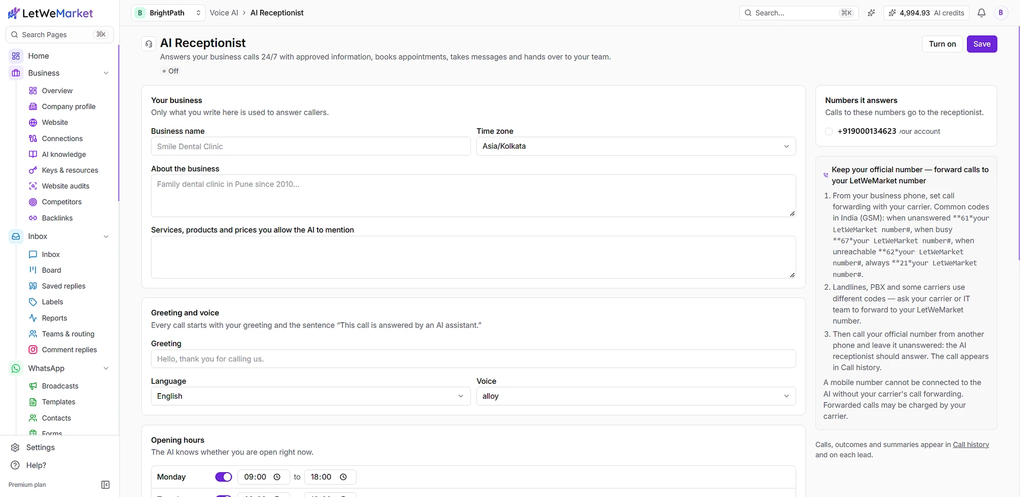 AI Receptionist settings: business info, greeting, voice and hours