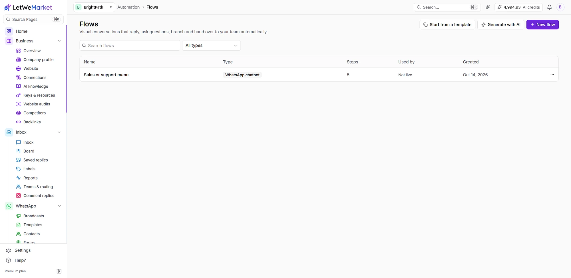 Flows list with a WhatsApp chatbot flow and Generate with AI