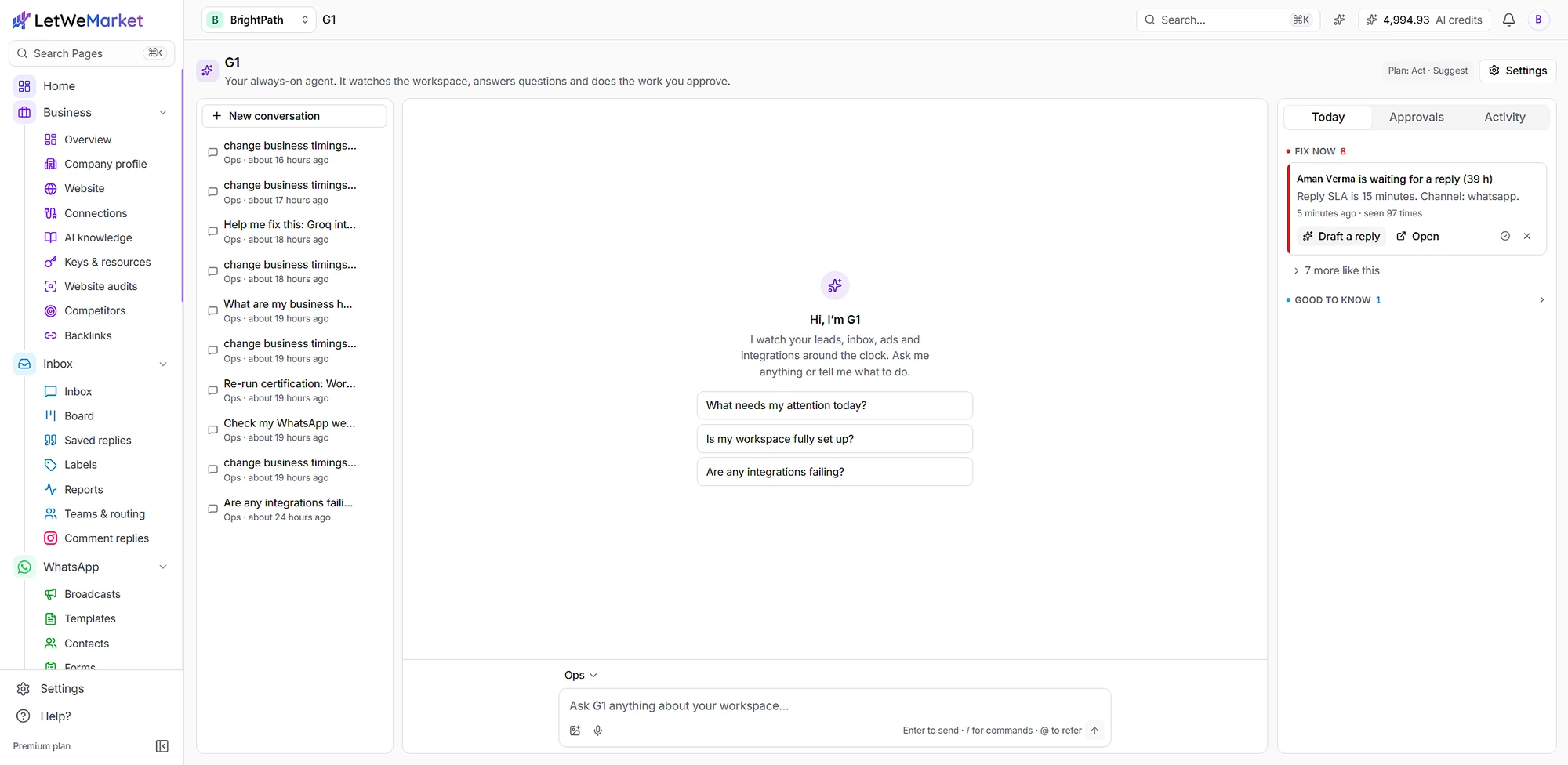 G1 agent with Today alerts and suggested questions